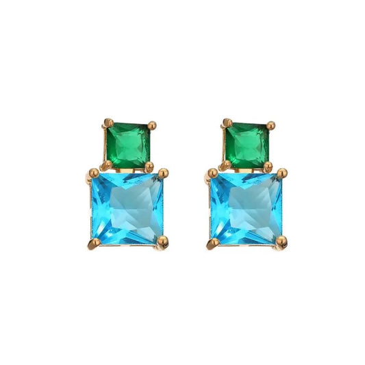 Gold-colored earrings with blue and green zirconias