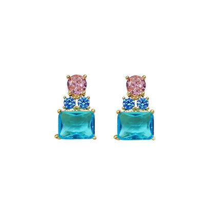 Gold-colored earrings with pink and blue zirconias