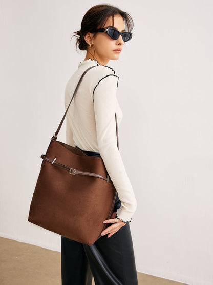 Versatile Suede Buckle Bucket Bag