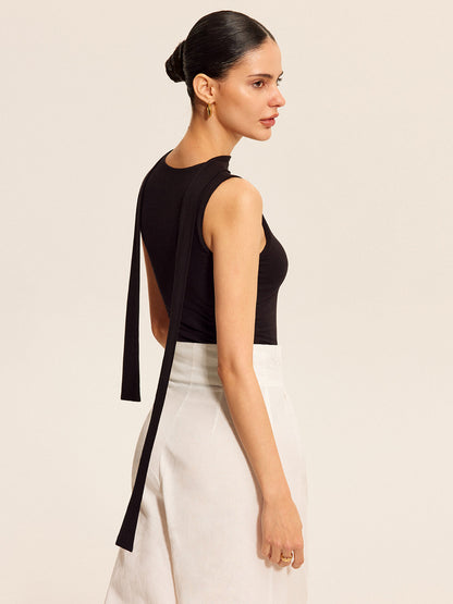 V-Neck Top With Scarf-Style Neck Tie