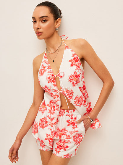 Floral Halter Neck Tie-Front Shorts Set