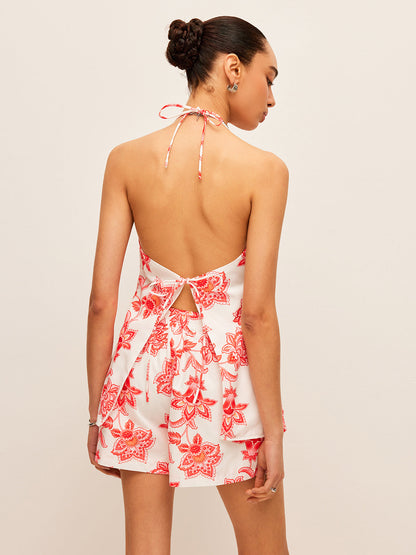 Floral Halter Neck Tie-Front Shorts Set