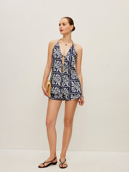 Floral Print Halter Top With Shorts Set