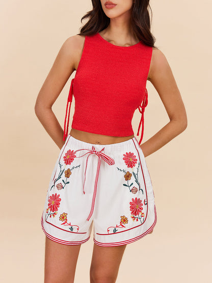 Cotton & Linen Floral Embroidered Shorts With Drawstring Waist
