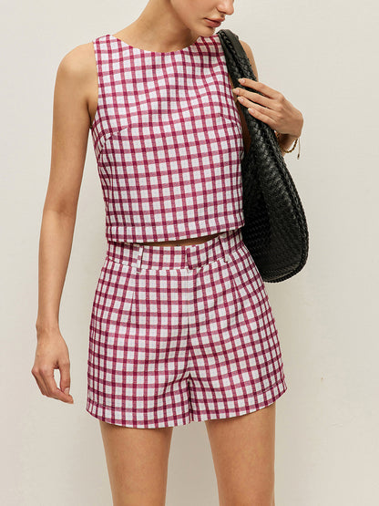 Checkerboard Sleeveless Crop Top With Shorts Set