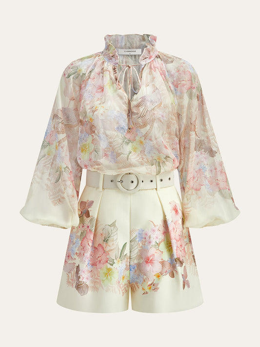Floral Print Three-Piece Shorts Set With Belt