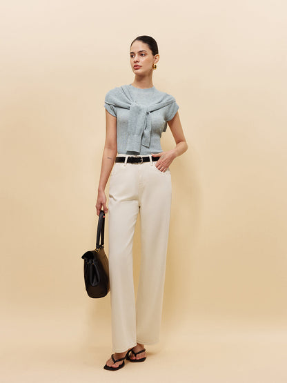 Wool-Blend Ribbed Knit Top With Tied Shawl Detail