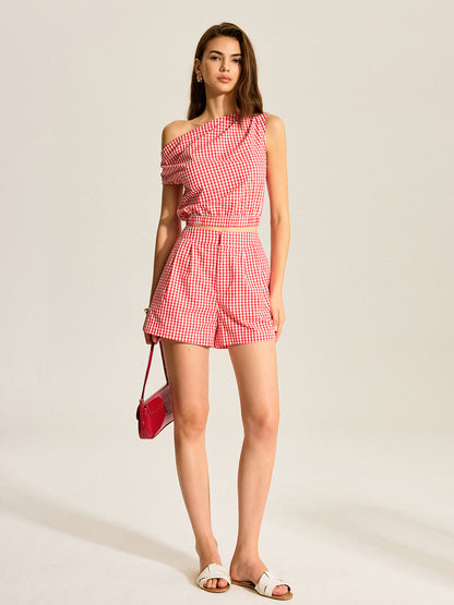 Gingham One-Shoulder Top and Shorts Set