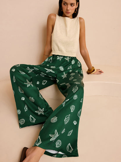Oversized Mid-Waist Pants with Seashell and Starfish Prints