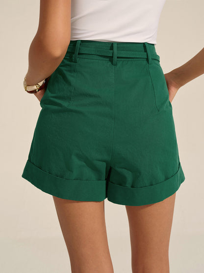 Pleated Cuffed Shorts with Gold Chain Detail