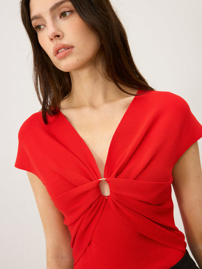 Twist Front Cut-Out V-Neck Knit Top