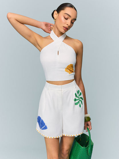 Halter-Neck Crop Top and Printed Shorts Set
