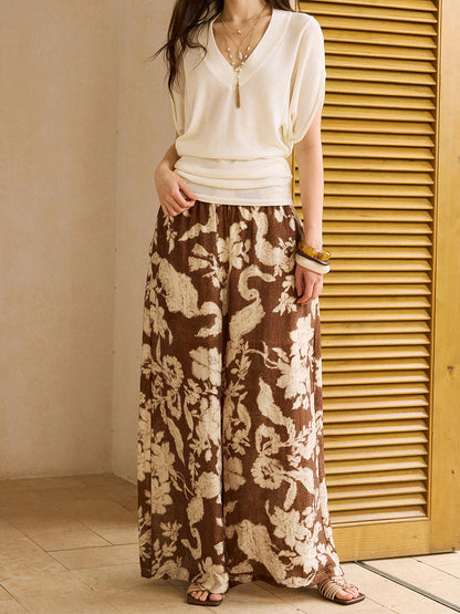 Vintage Printed Linen Wide-Leg Pants