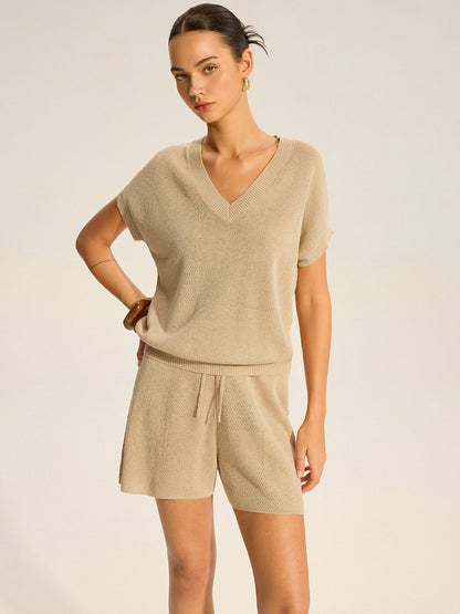 Semi-Sheer V-Neck Top and Drawstring Shorts Set