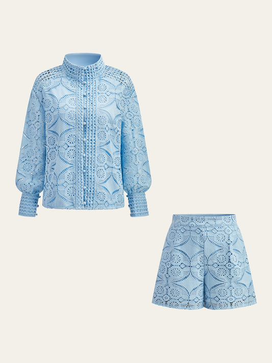 Lace Puff Sleeve Shorts Set Without Belt