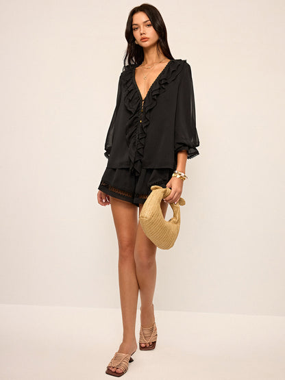 Ruffled Button Chiffon Top and Shorts Set