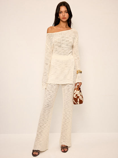 Off-Shoulder Sheer Knit Top and Flared Pants Set