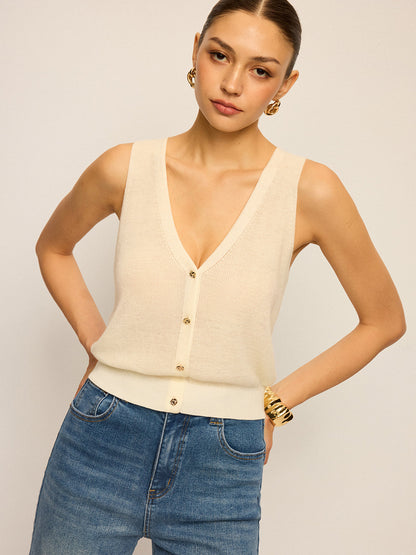 V-Neck Button Knitted Tank Top