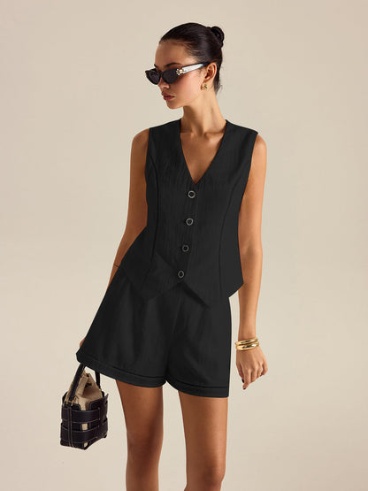 Cotton Button Detail Vest Top With Pockets Shorts Set