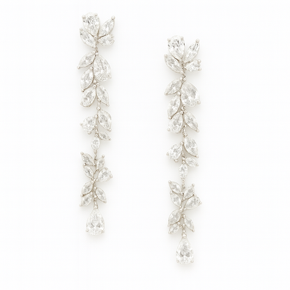 Silver-colored long leaf earrings with zirconia