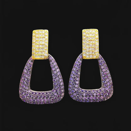 Gold-colored earrings with purple and yellow zirconias